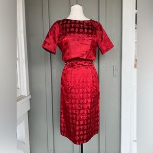 Asian print Vintage 2 piece dress set in handmade red print satiny fabric belt
